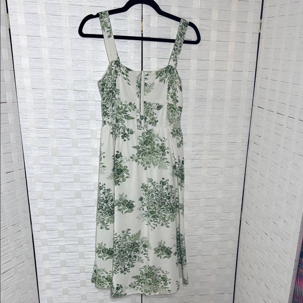 Japna Floral Green and Cream Summer‎ Dress with Hook & Eye Bodice Closure Size S